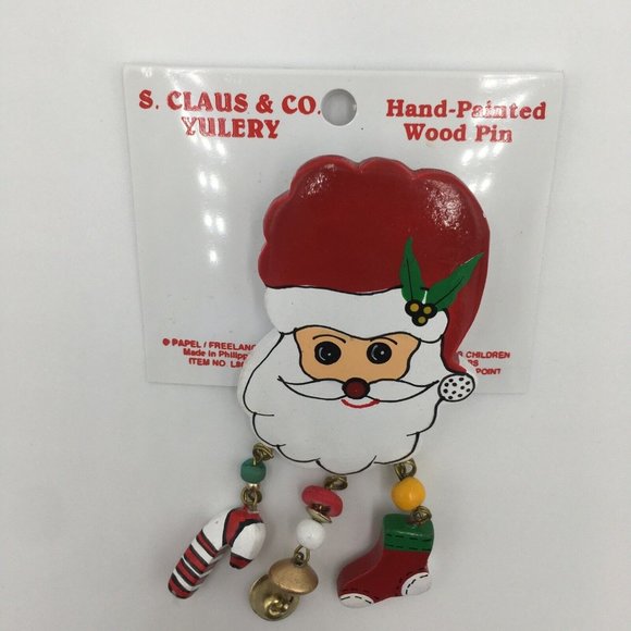 Hand-Painted VINTAGE Wooden BROOCH Pin, Dangling Candy Cane Stocking Bells, Red - Picture 2 of 4